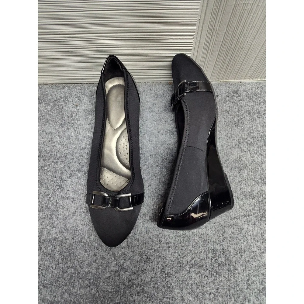 Dexflex Comfort Women Flat Shoe 8.5 Black Slip On Mid Wedge‎ Buckle Toe Formal